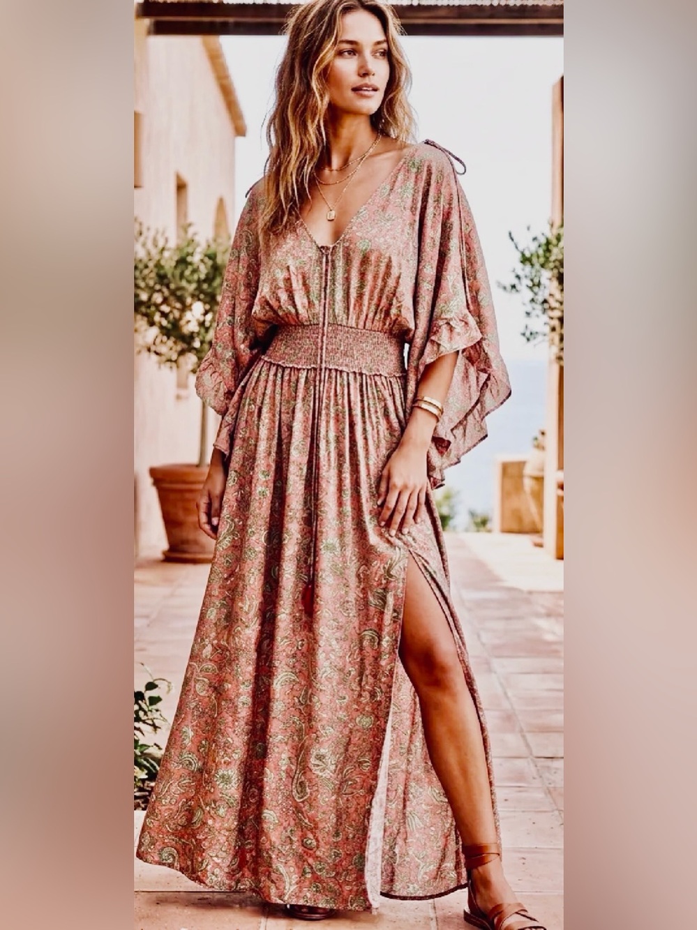 Floating lotus Sz S-M Silk blend maxi Boho dress Whimsy Gypsy Hippie